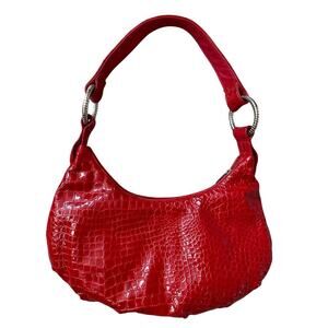 Red Genuine Leather Croc-Embossed Shoulder Bag | Silver Hardware, Hobo Style